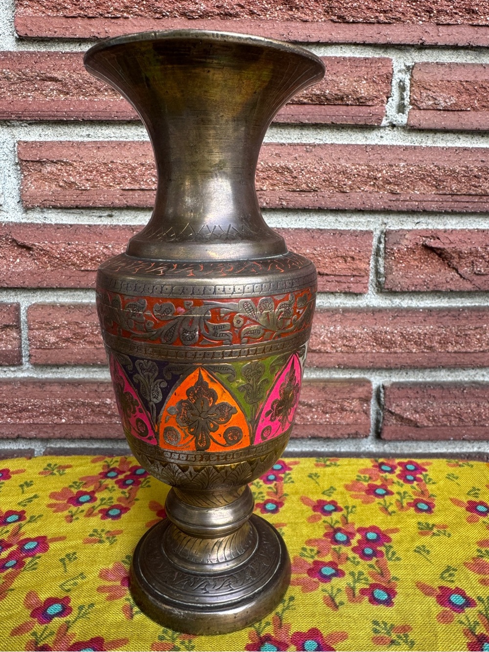 Vintage Brass Aune Vase Engraved Multicolor 8”